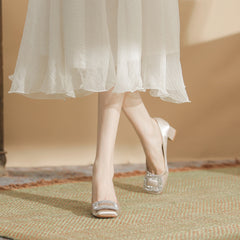 Damen Strass Schnalle Square Toe Volltonfarbe