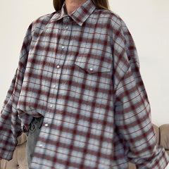 Street Retro Collared Long Sleeve Plaid Shirt Loose Plaid Cardigan Shirt