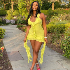 Einfarbiges ärmelloses, niedriges Halsband, Holzohren, unregelmäßiges, asymmetrisches, hüftgewickeltes kurzes Kleid