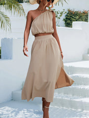 Oblique Shoulder Lace up Vest Slit Midi Skirt Set