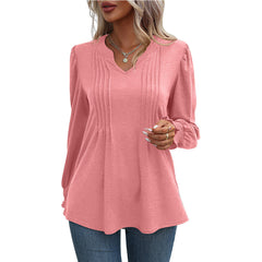 Solid Color Casual Top Puff Sleeve Smocking V Neck Long Sleeve T Shirt