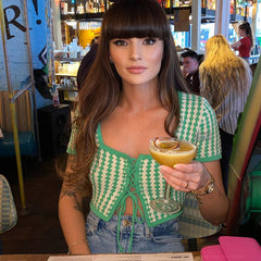Short Sleeve Tied High Waist Short Exposed Cropped Y2g Contrast Color Stripe Knitted Cardigan Top