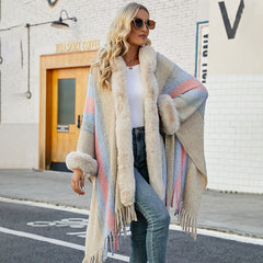 Hooded Cape Striped Knitted Tassel Shawl
