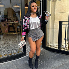 Personality Street Denim Stitching Shorts High Waist Irregular Asymmetric Washed Worn Jeans