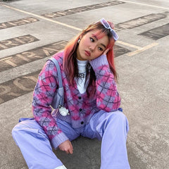 Cardigan court ample à carreaux losanges assortis, couleur assortie, pull en mohair