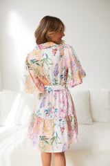 Printed Bohemian Dress Lantern Short Sleeve Belt Single Breasted A Line Dress