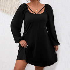 plus Size Waist A line Dress Puff Sleeve Square Collar Elegant Dress