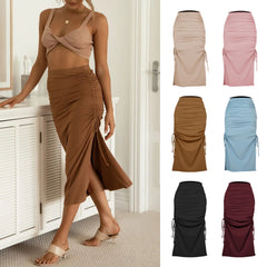 Slit Knitted Slim Skirt Pleated Tie Sheath Skirt