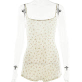 Spaghetti Strap Floral Print Bottoming Shirt Backless Lace up Romper