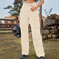 Denim Washed Multi Pocket Overalls Trousers Casual Pants