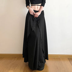 Dark Street Cool Eyelet Lace up Waist Controlled Asymmetric Skirt Double Layer Stitching Cover Slimming Midi Dress