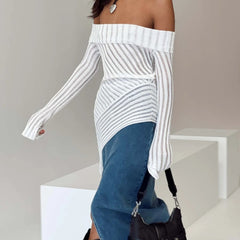 Fall French off the Shoulder Long Sleeve Knitted Woolen Slim Fit Outerwear Top