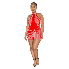Wear Mesh See through Rhinestone Sleeveless Shorts Jumpsuit