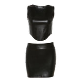 Faux Leather Sleeveless Vest Hip Skirt Sets