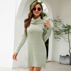 Solid Color Long High Collar Sweater Dress Slim Fit Match Knitted Dress