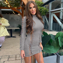 Patchwork Hollow Out Cutout out Long Sleeve Narrow Dress