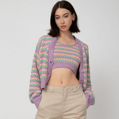 Cardigan Retro Rainbow Striped V neck Short Sweater Coat