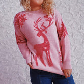 Pull de Noël à manches longues et col rond, motif flocon de neige et cerf, en jacquard tricoté
