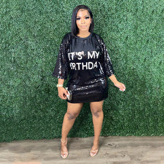 Round Neck Half Sleeved Loose Sequin Printed Dress Party Model Night Club Bodycon Dress