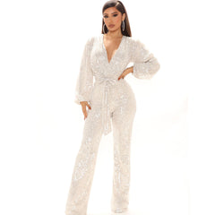 Fall High-End Sequ Deep V-neck Long Sleeve Jumpsuit Jumpsuit Trousers