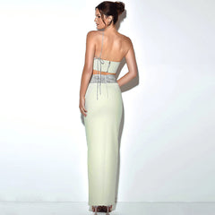 Oblique Shoulder Drill Chain Tube Top Vest Long Skirt Set Nightclub Party Two Piece Suit