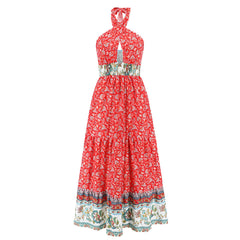 Crossover-Kleid mit Schnürung und Neckholder, überkreuzt, böhmisches Vintage-Blumenkleid