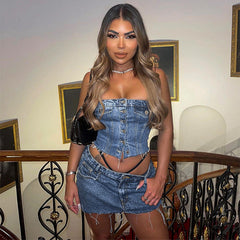 Street Denim Elastic Chest Wrap Button Top