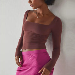 Long Sleeve Solid Color Cropped Square Neck T Shirt Top