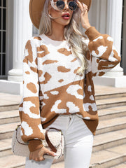 Pull en maille à col rond, imprimé léopard, couleur contrastée, épissage