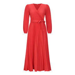 V neck Long Sleeve Pleated A line Mid Length Dress