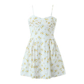French Slim Short Waist Trimming Printing Ruched Steel Bracket Suspender dress Slim Fit Floral Dress
