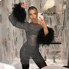 Furry Thin Glittering Mesh Dress Trendy Dress