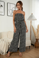 Tube Top Heart-Shaped Dot Print Lace-up Wide-Leg Jumpsuit