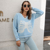 Pull col V jacquard tête de mort Pull ample à manches longues en tricot