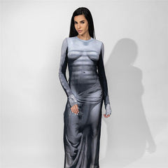 Long Sleeve Printed High Waist Slim Slimming Maxi Dress