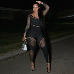 Fall Mesh See through Hollow Out Cutout High Waist Trousers No Long Tight Jumpsuit