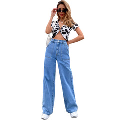 Large Pocket High Waist Casual Straight-Leg Denim Pants