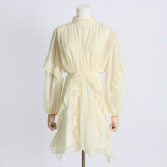 Vacation Solid Color A line High Collar Ruffled Waist Tight Hollow Out Cutout out Short Dress