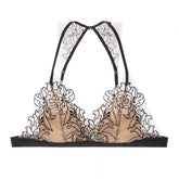 Französische Unterwäsche, kleine Brust, Schönheitsrücken, dünn, ohne Stahlring, Dreiecks-Cup, Stickerei, Kontrastfarbe, BH-Set