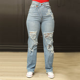 Zerrissene Jeans, verwaschene Hose mit hoher Taille und geradem Bein