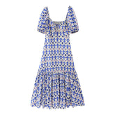 Printed Chest Lace up Back Smocking Midi Dress