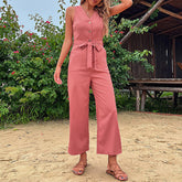 Seaside Vacation Sleeveless Casual Lace up Red Jumpsuit