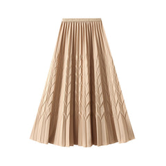Elastic High Waist Solid Color Pleated Skirt Mid Length A line Large Hem Skirt
