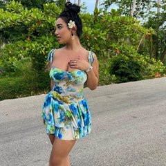 Printed Chest Wrap Spaghetti Strap Ruffle Short Holiday Dress Dress