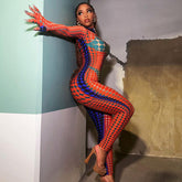Printed Long Sleeve round Neck High Waist Tight Jumpsuit