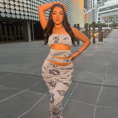 Printing Hollow Out Cutout Backless Bandeau Slim Fit Dress