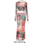 Mesh Floral Print See through Cropped Long Sleeve Top Long Skirt Set