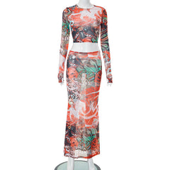 Ensemble haut court à manches longues et jupe longue en maille à imprimé floral transparent