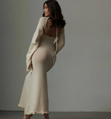 Backless Slim Fit Comfortable High Waist Lace Up Woolen Bell Sleeve Stringy Selvedge Dress