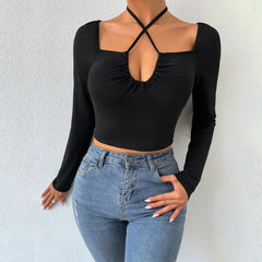 Ausgehöhlter Ausschnitt-Riemen Slim Fit Kurzes gestricktes Langarm-T-Shirt-Oberteil